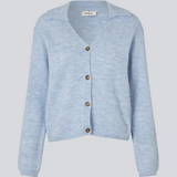 Blue soft knitted cardigan with a V-neck. Patrickmd cardigan has a loose fit and a collar.