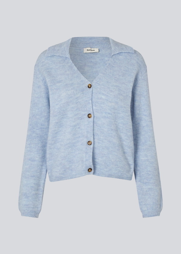 Blue soft knitted cardigan with a V-neck. Patrickmd cardigan has a loose fit and a collar.