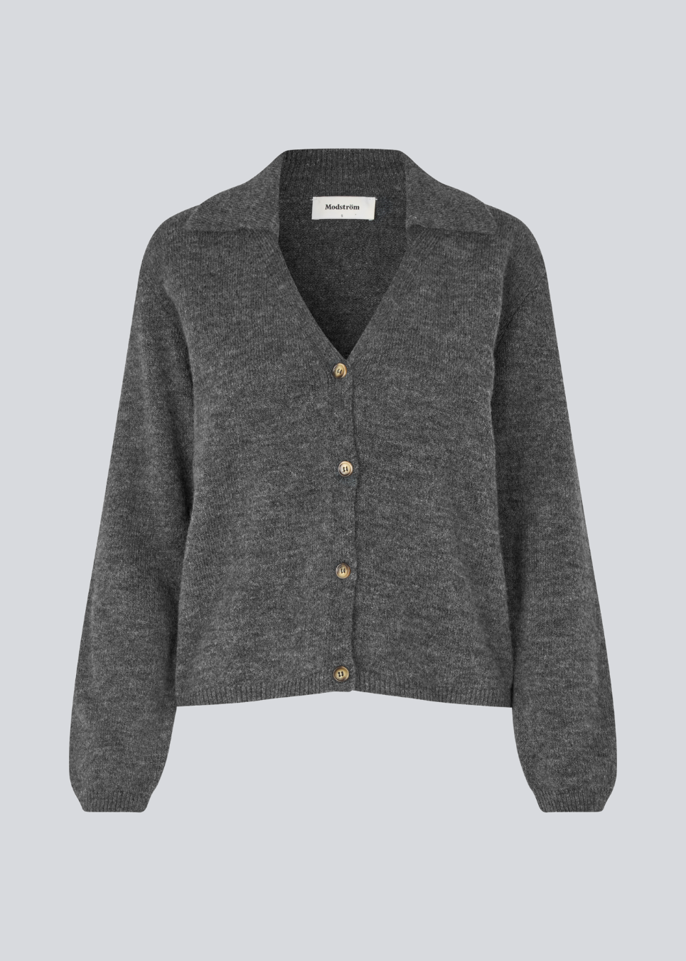 Grey soft knitted cardigan with a V-neck. Patrickmd cardigan has a loose fit and a collar.