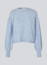 Blue soft knit with loose sleeves. Patrickmd O-neck has a round neckline and ribbed hem.