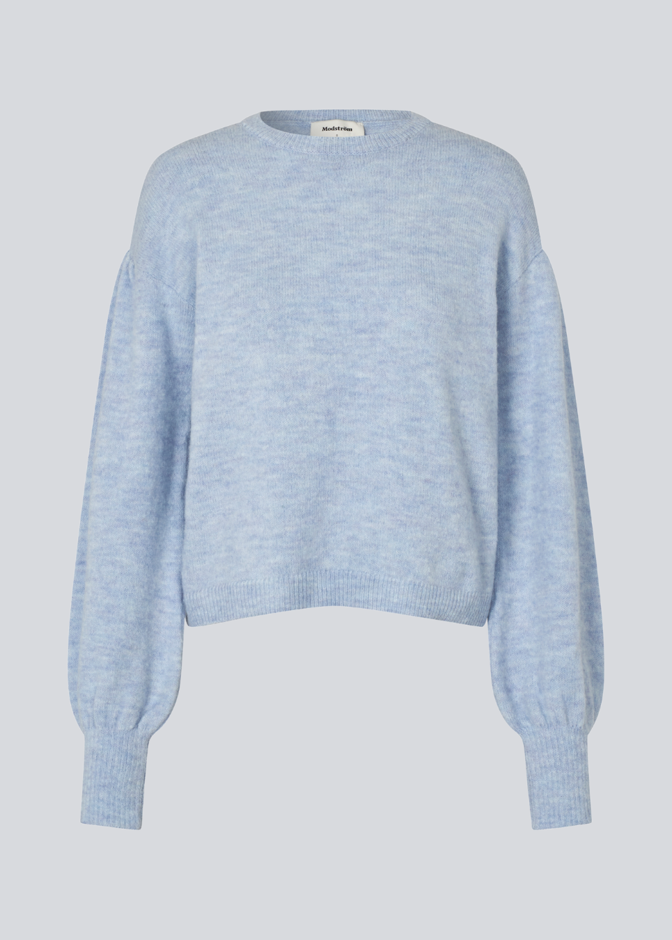 Blue soft knit with loose sleeves. Patrickmd O-neck has a round neckline and ribbed hem.