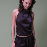 Brown elegant halterneck top. Timmiemd top is made from satin with a flattering open back, tie detail, and high neck. Elegant and perfect for festive occasions.
