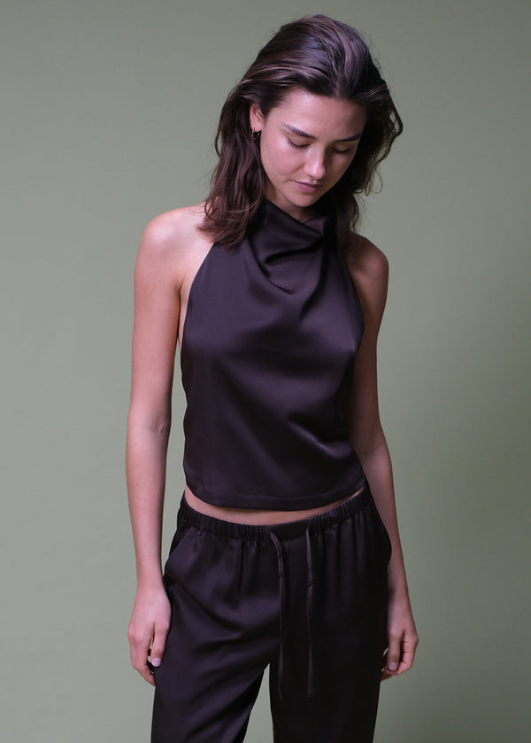 Brown elegant halterneck top. Timmiemd top is made from satin with a flattering open back, tie detail, and high neck. Elegant and perfect for festive occasions.