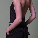 Brown elegant halterneck top. Timmiemd top is made from satin with a flattering open back, tie detail, and high neck. Elegant and perfect for festive occasions.