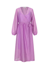 Midi dress in purple in an airy linen quality that is slightly see-through. AmoraMD dress has long balloon sleeves, v-neckline and wrap-effect with tiebelt. Slip dress is included.