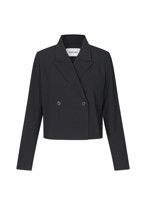 Short, double-breasted blazer with collar and notch lapels. AnkerMD short blazer has a straight fit with two buttons and a decorative chest pocket.