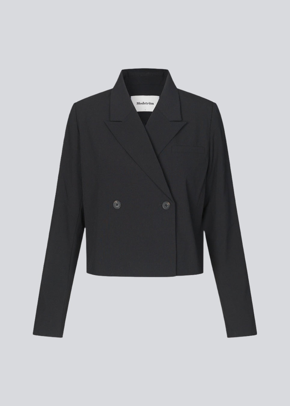 Short, double-breasted blazer with collar and notch lapels. AnkerMD short blazer has a straight fit with two buttons and a decorative chest pocket.
