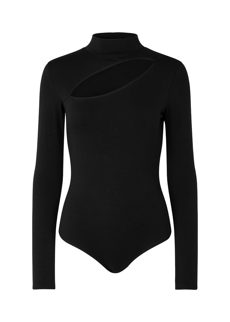 Fitted bodystocking in soft jersey with long sleeves, high neck and a cut out in front. Concealed press-studs at the crotch.