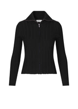Rib-knitted cardigan in black with a fitted silhouette. AveryMD t-neck has an extra-wide collar, long sleeves and zipper in front.