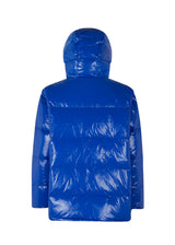 BanaMD Jacket in blue is a puffer in a shiny material with natural down filling. The jacket has two padded pockets in front and with a removable hood.