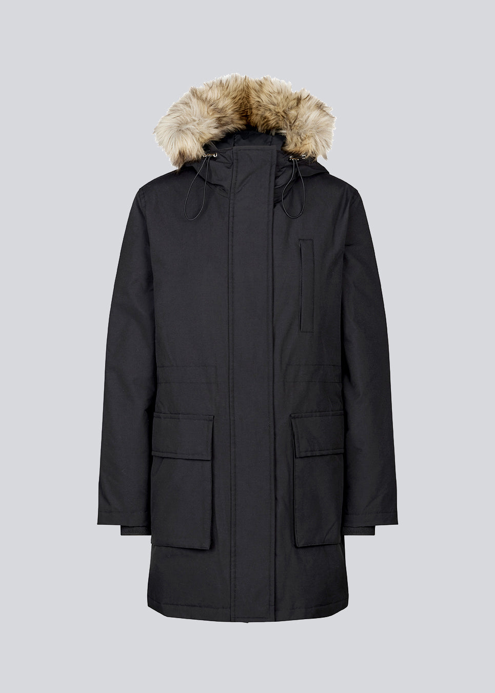 Technical jacket with natural down filling. The BaseMD jacket has adjustable hood with fauw fur piping and big pocket in front and piped pockets by the chest. The style has long sleeves with ribbed cuffs. 