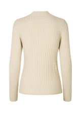 Cable-knitted jumper in beige with a figure-hugging silhouette. BimoMD t-neck has a low collar, long sleeves, and ribknitted trimmings.