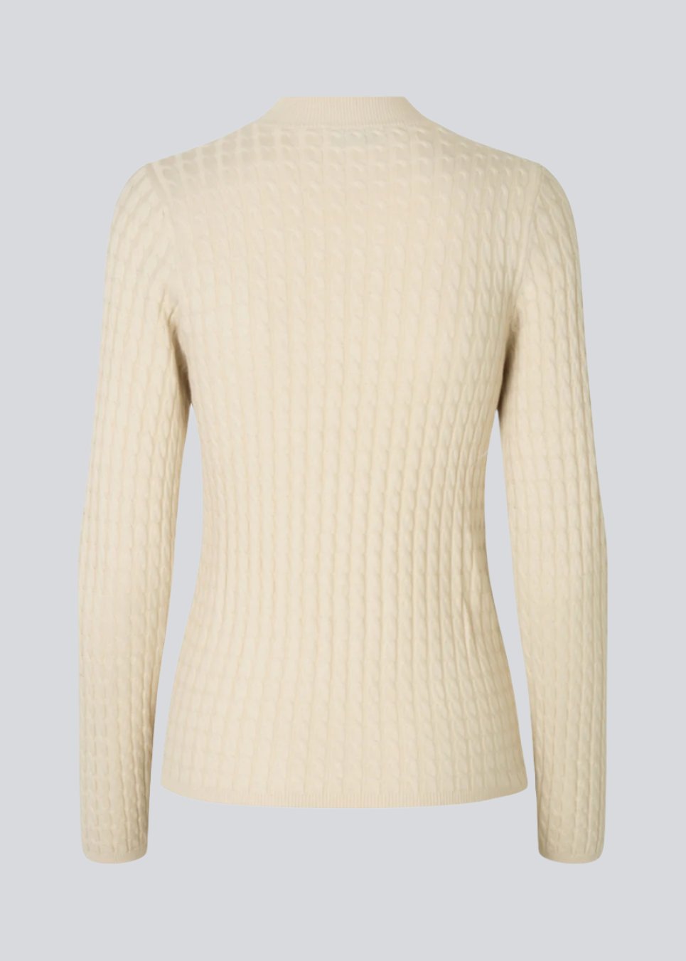Cable-knitted jumper in beige with a figure-hugging silhouette. BimoMD t-neck has a low collar, long sleeves, and ribknitted trimmings.