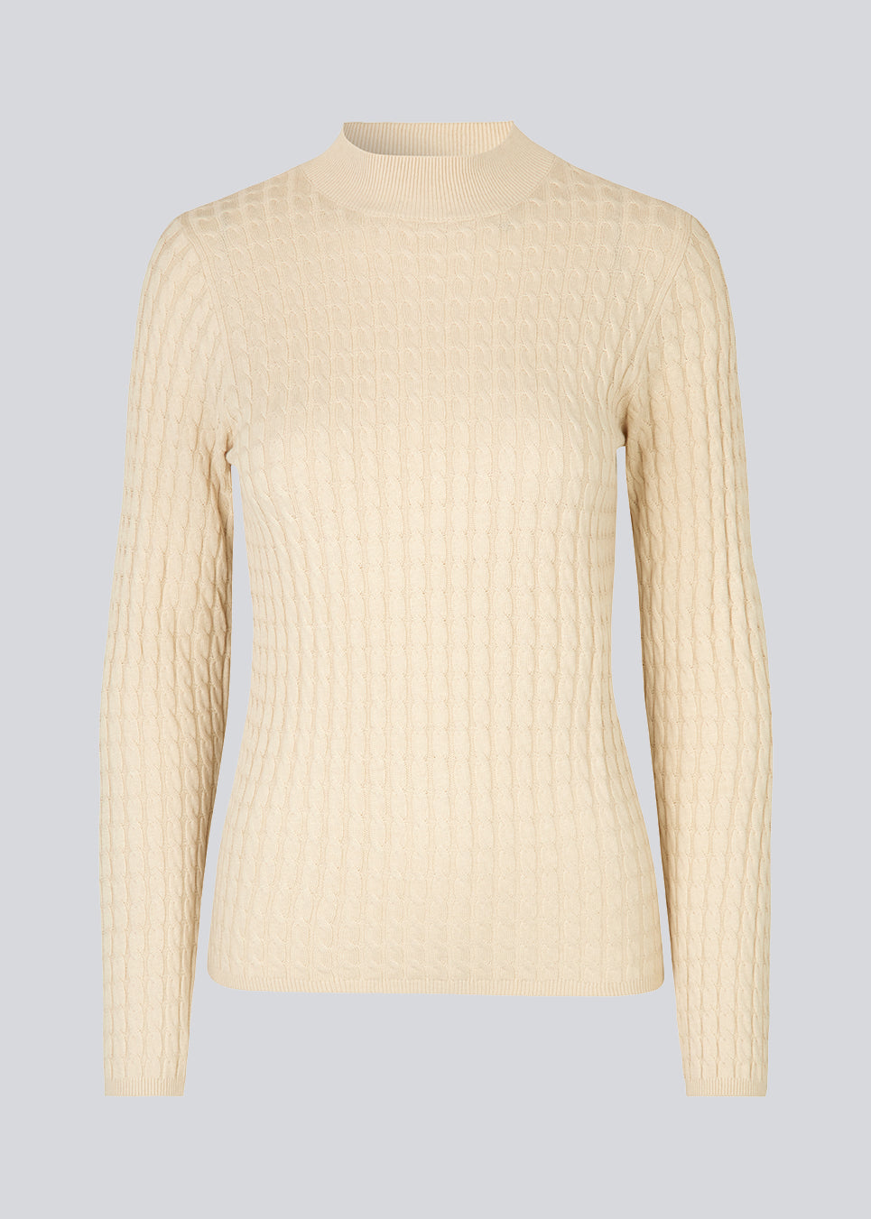 Cable-knitted jumper in beige with a figure-hugging silhouette. BimoMD t-neck has a low collar, long sleeves, and ribknitted trimmings.