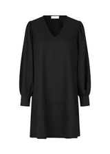 Minidress in black with long volume sleeves and a cuff. BisouMD dress has a v-neckline and an a-shaped silhouette in the body