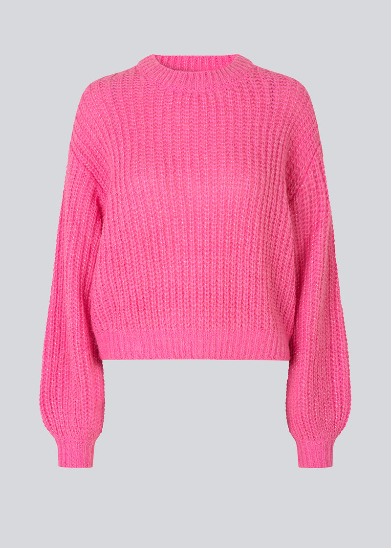Jumper in pink in soft rib-knit wool and alpaca blend with a metallic thread throughout. BlakelyMD o-neck has a relaxed shape with a round neck, dropped shoulders, and long balloon sleeves.