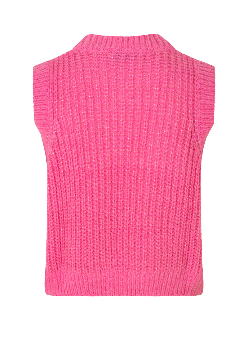 Rib-knit sleeveless vest in pink in a woolen mix with a metallic thread. BlakelyMD vest has a relaxed shape with a round neck and ribbed trimmings along the neckline, sleeve openings, and bottom.