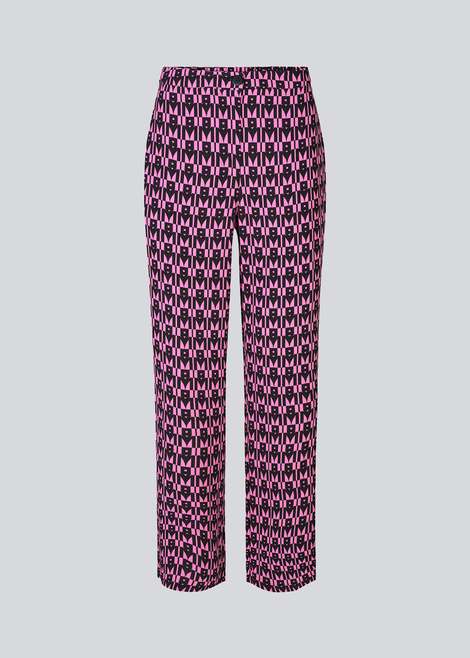 Pants with straight wide legs. BorysMD print pants has regular waist with button closure and elasticated back. Side pockets and piped pockets in the back. 