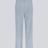 Wide legged pants the color Dusk in a patterned satin. CarmelMD pants has a medium waist with zipfly, button closure, and elastic in the back for ekstra comfort.  Shop matching shirt in the same color: CarmelMD shirt