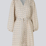 Short dress with print and long puff sleeves. ChrissyMD print dress is made with a v-neckline, closed by buttons in front, and tiebelt at the waist.
