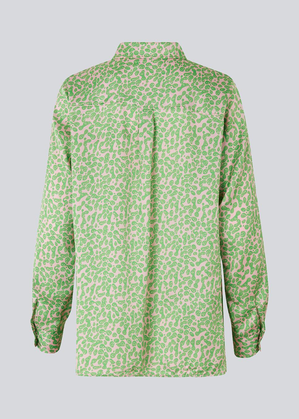 Satin shirt with relaxed fit and long sleeves, collar, and buttons in front. ClarkeMD print shirt is cut from recycled polyester with smiley print.