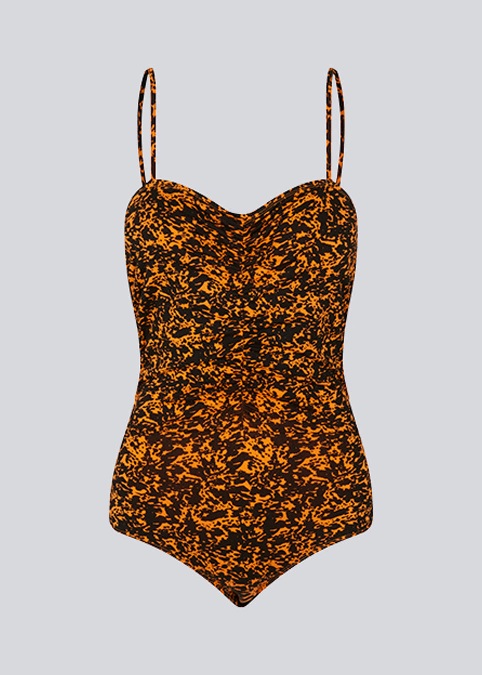 Bodystocking with a tight fit, heart-shaped neckline with a ruched detail, and thin adjustable straps. CurtisMD print bodystocking is designed with a floral print.