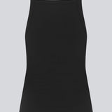 Tight fit basic black top with a high and straight neckline. DaeMD top is made from a rib-knitted organic cotton. The model is 177 cm and wears a size S/36.