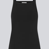 Tight fit basic black top with a high and straight neckline. DaeMD top is made from a rib-knitted organic cotton. The model is 177 cm and wears a size S/36.