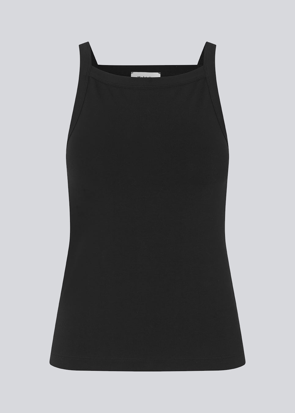 Tight fit basic black top with a high and straight neckline. DaeMD top is made from a rib-knitted organic cotton. The model is 177 cm and wears a size S/36.