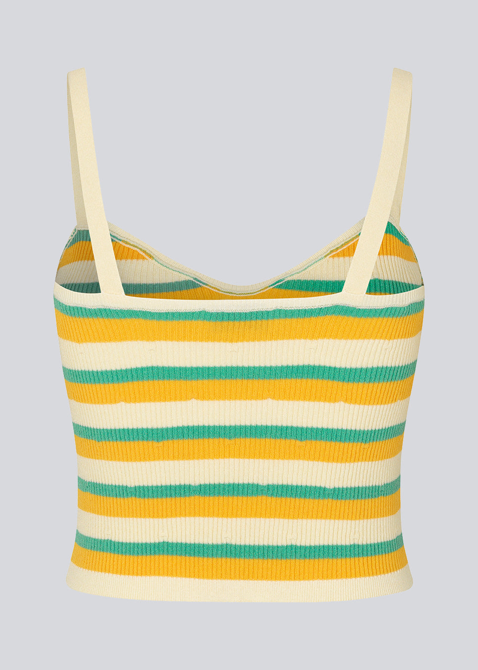 Crop top with stribes in a ribbed material. DorisMD top has narrow straps, v-neckline and a tight fit. The model is 177 cm and wears a size S/36.