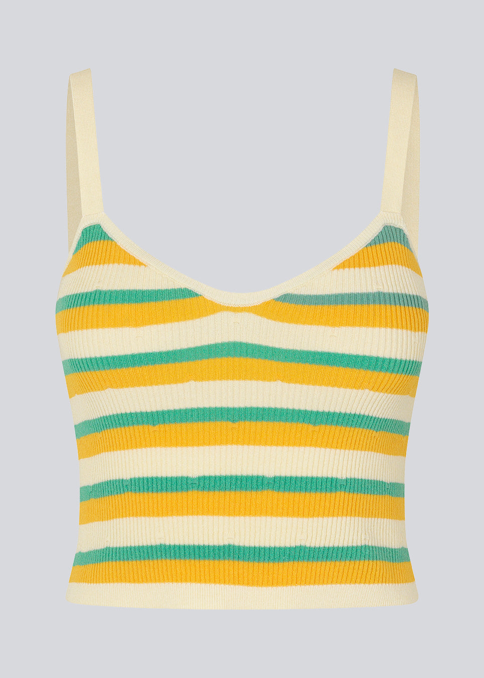 Crop top with stribes in a ribbed material. DorisMD top has narrow straps, v-neckline and a tight fit. The model is 177 cm and wears a size S/36.