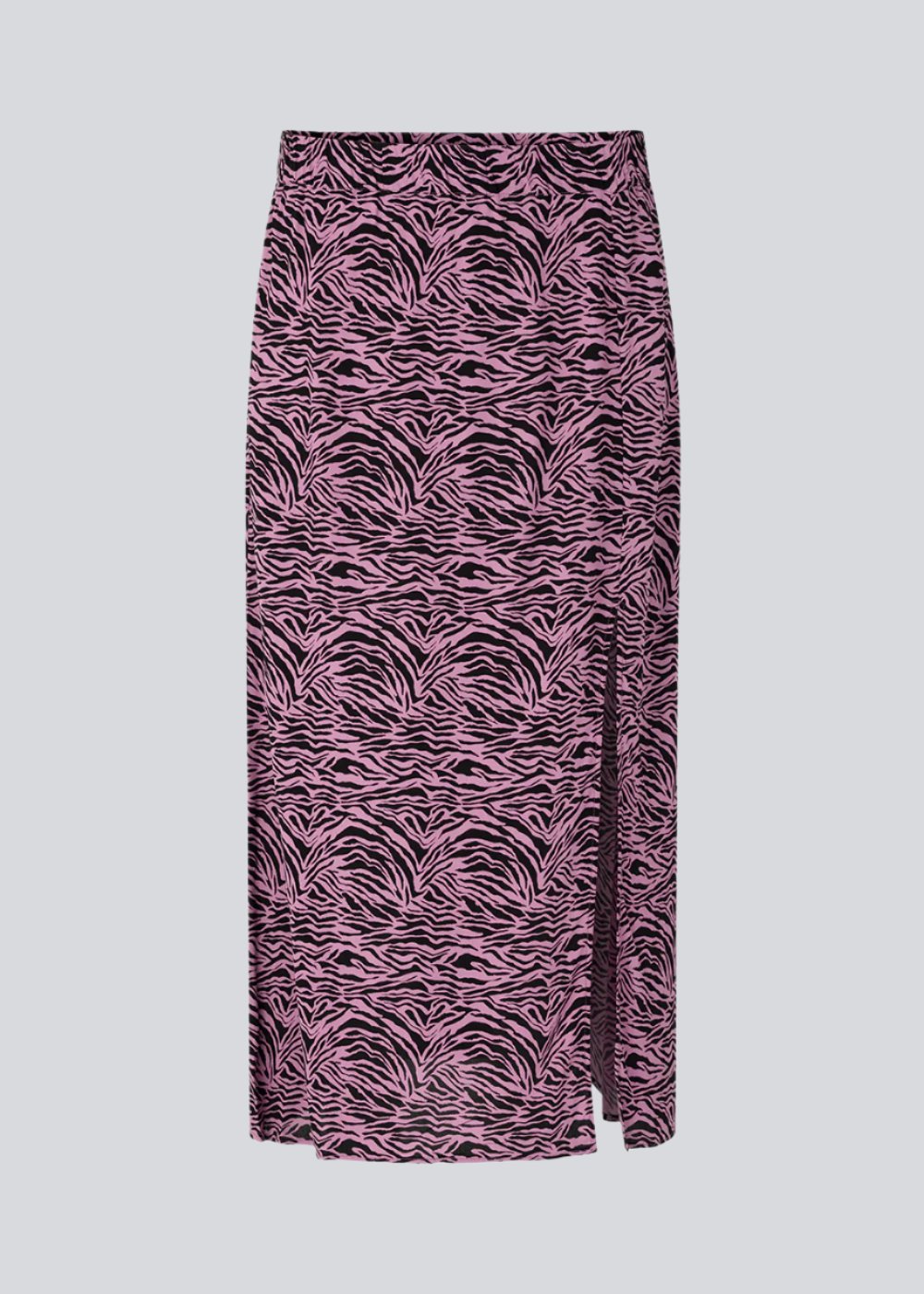 Mid-length skirt in purple with a high slit in front. RaidaMD print skirt is designed with an elasticated waist and a relaxed silhouette. The model is 173 cm and wears a size S/36