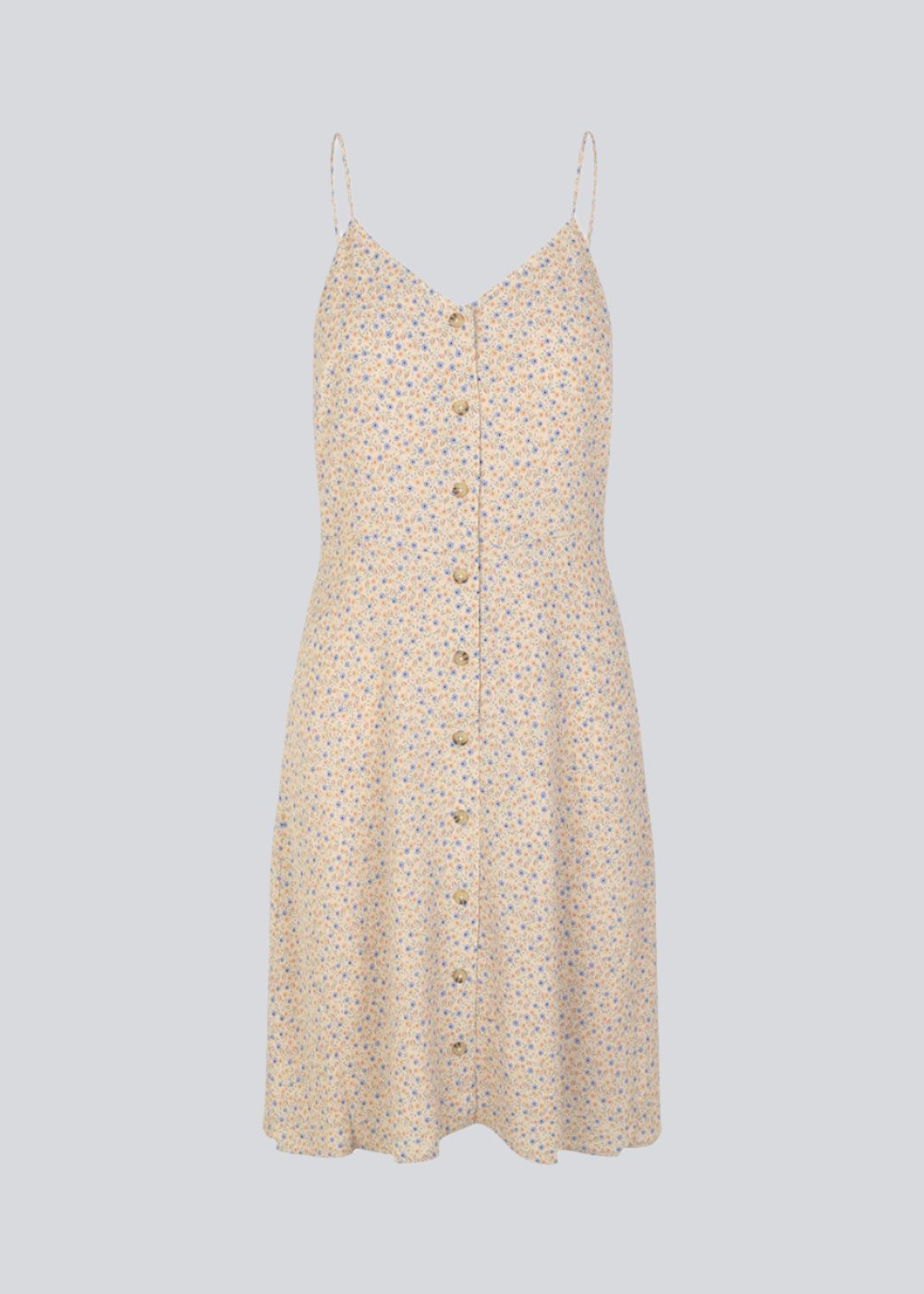 Printed strap dress wtih a v-shaped neckline and adjustable straps. RavenMD print dress is slightly figure-hugging and with buttons at front. The model is 173 cm and wears a size S/36
