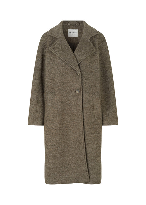 Coat in a soft wool material in brown with a relaxed fit and long, voluminous sleeves. SallieMD coat is calf-length, and has a collar and notch lapels with buttons down the front. Side pockets and single back vent. Lined.