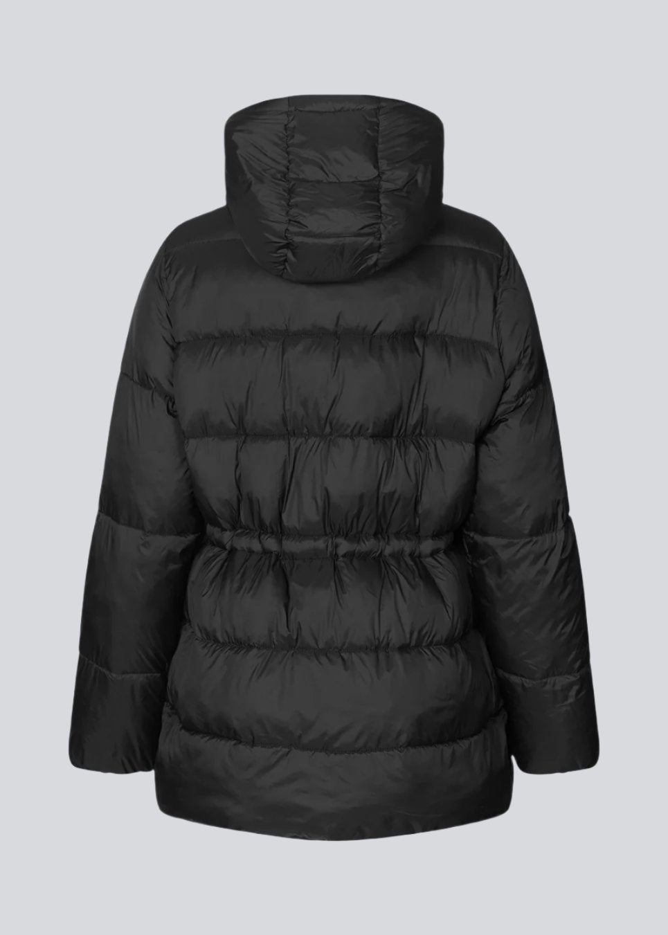 Puffer jacket in black with an oversized silhouette and adjustable drawstring waist. StellaMD jacket is designed with a high-standing collar, hood, two-way zipper and paspel pockets.
