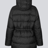 Puffer jacket in black with an oversized silhouette and adjustable drawstring waist. StellaMD jacket is designed with a high-standing collar, hood, two-way zipper and paspel pockets.