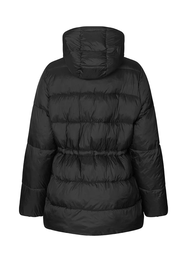 Puffer jacket in black with an oversized silhouette and adjustable drawstring waist. StellaMD jacket is designed with a high-standing collar, hood, two-way zipper and paspel pockets.