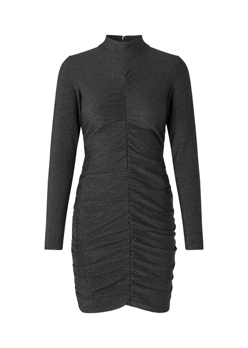 Short dress with long sleeves and low collar. TamilMD dress is designed with a slim shape with a wrinkled, elastic detail down the center front and center back.