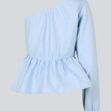 Short dress in a structured and shiny quality in blue. TelmaMD dress has a relaxed fit with a v-shaped neckline and short puff sleeves.