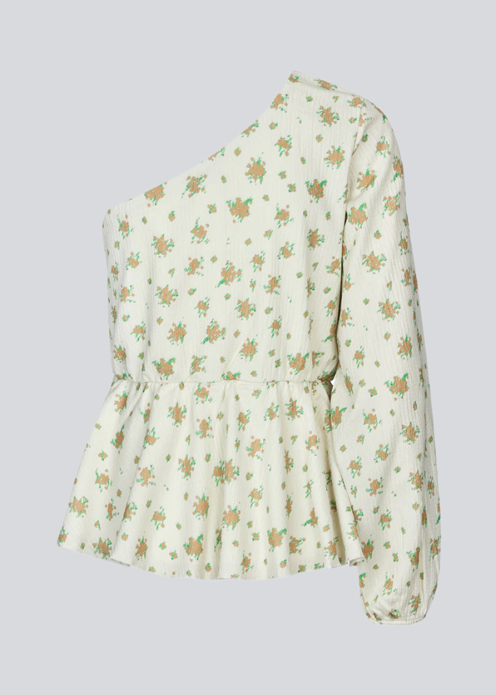 Top in floral print with peplum detail with elastic at waist. ThymeMD print top has a one shoulder detail with one long balloon sleeves. The body is lined.  Material: 2% Elastane 98% Polyester