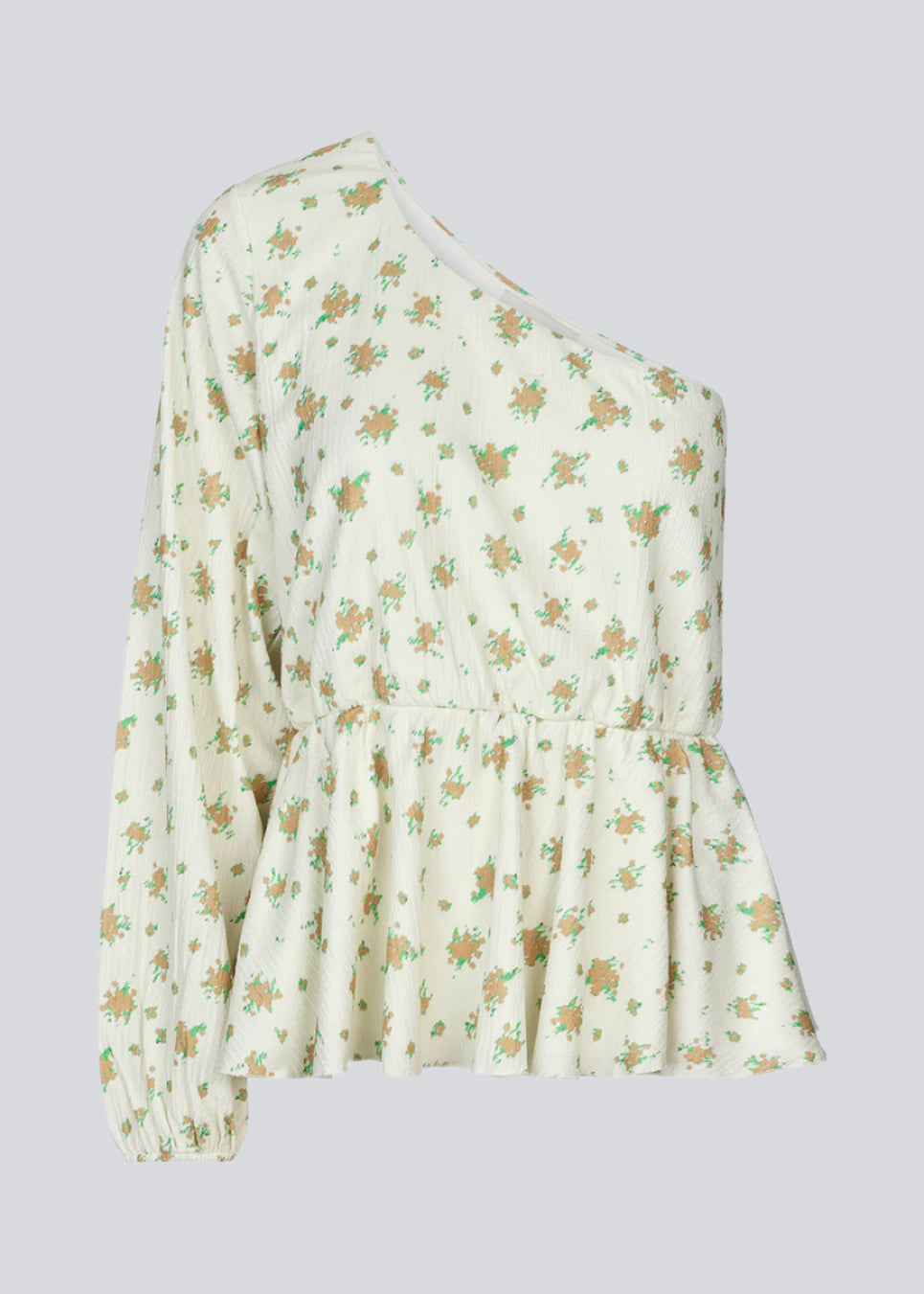 Top in floral print with peplum detail with elastic at waist. ThymeMD print top has a one shoulder detail with one long balloon sleeves. The body is lined.  Material: 2% Elastane 98% Polyester