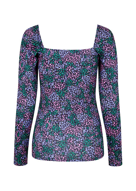 Floral top with long sleeves and wide neckline in front and back. TilloMD print top is made from a stretchy material with elasticated detail down the center front.
