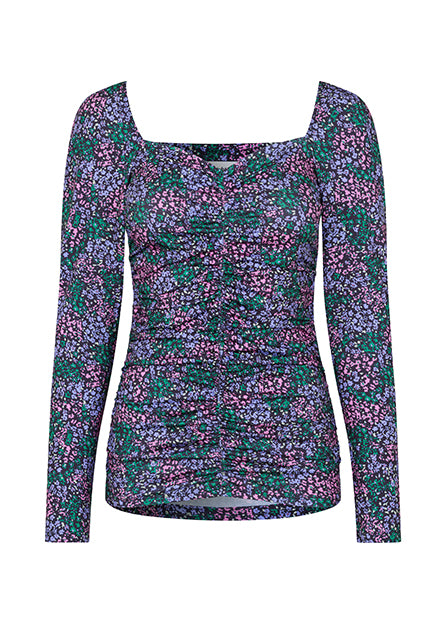 Floral top with long sleeves and wide neckline in front and back. TilloMD print top is made from a stretchy material with elasticated detail down the center front.