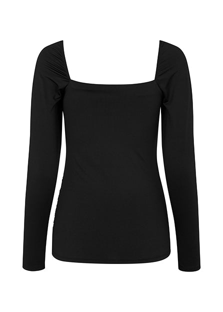 Top with long sleeves and wide neckline in front and back. TilloMD top is made from a stretchy material with elasticated detail down the center front.