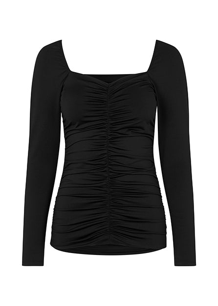 Top with long sleeves and wide neckline in front and back. TilloMD top is made from a stretchy material with elasticated detail down the center front.