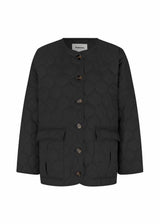 Padded jacket in black with a short voluminous silhouette. TinnyMD jackets has a collarless neckline, rounded slits, and two big pockets at front. Button closure.