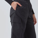Cargo pants in nylon with elastic waistline and adjustable hems with elastic drawstrings. TrentMD pants have patch pockets on the legs. In black.  This is the same model as our popular pants AmayaMD pants. Just in a thicker material, perfect for fall and winter. 